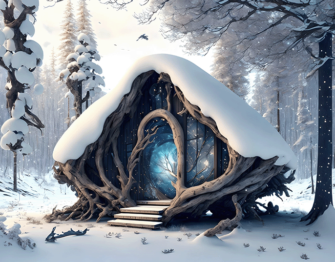 winter tree cabin
